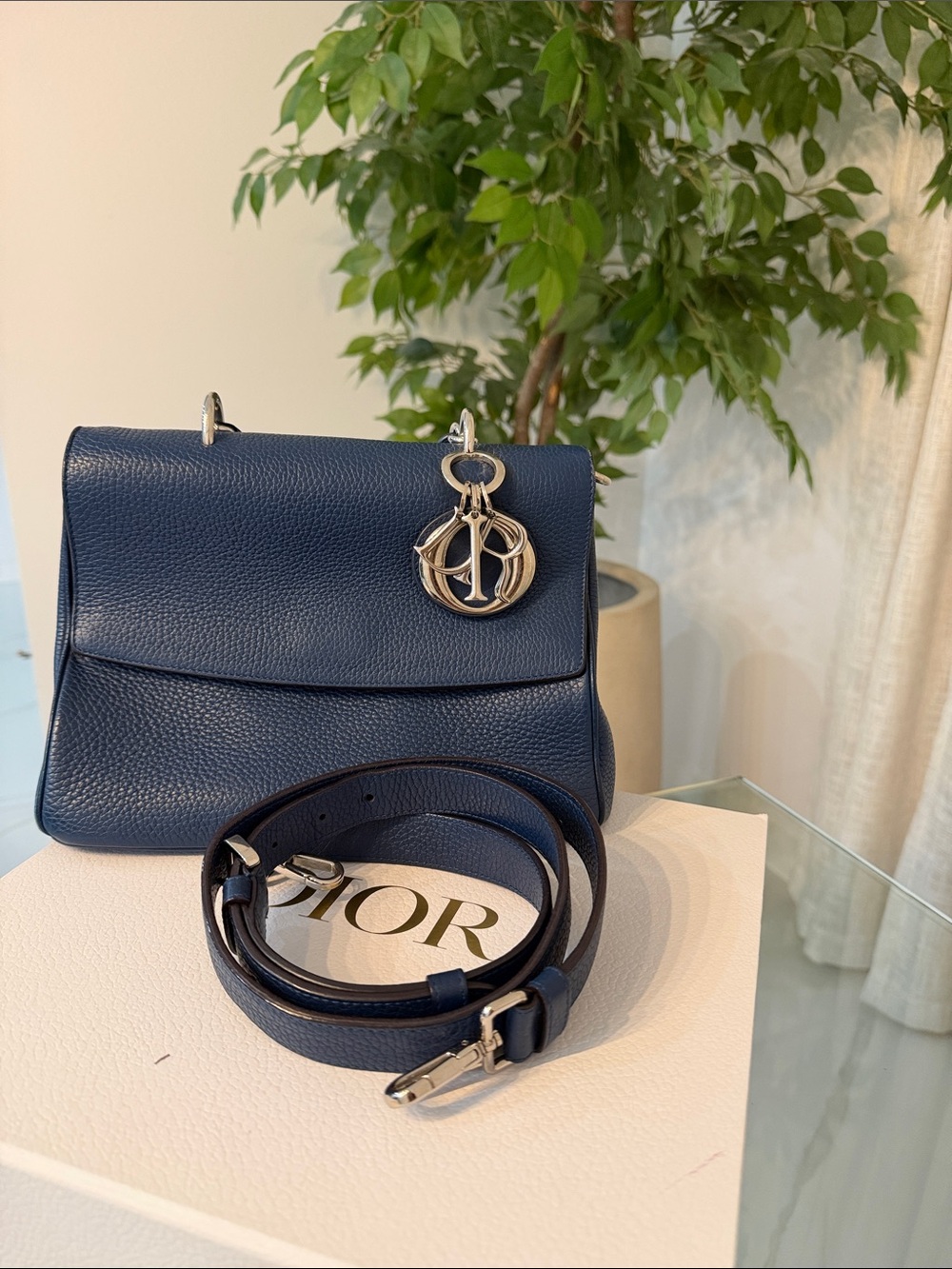 DIOR Navy Blue Pebbled Leather Shoulder Bag with Silver Charm